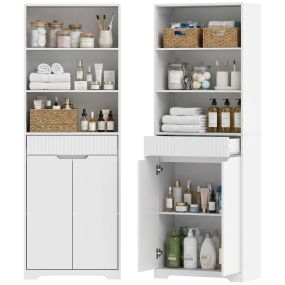 Armario Alto de Baño, Mueble de Baño Estrecho con 3 Estantes Abiertos, Cajón Acanalado, Estante Ajustable y Puertas de Cierre Suave, para Espacios Pequeños, 60x30x171 cm, Blanco