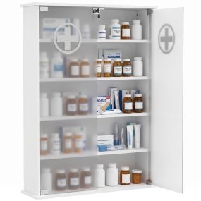 Botiquín de Pared de Primeros Auxilios, Botiquín de Medicinas de 5 Niveles con 2 Puertas de Cristal, 2 Estantes Ajustables, Cerradura y 2 Llaves, para Baño, Cocina, 60x17x82,5 cm, Blanco