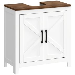 Mueble bajo lavabo de baño con estante ajustable, 2 puertas granero, 60x30x61,3 cm, blanco y nogal
