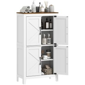 Armario de baño estrecho blanco con puertas tipo granero, 4 estantes ajustables, 60x30x110 cm