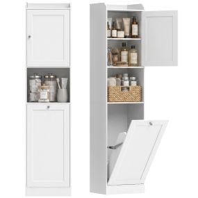 Armario alto de baño con cesto para ropa sucia, compartimentos abiertos y estantes ajustables, 40x30x170 cm, blanco