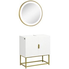 Conjunto de baño con mueble bajo lavabo, patas de acero y espejo LED táctil, blanco y dorado