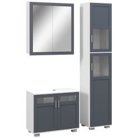 Conjunto de baño blanco con columna, armario con espejo y mueble bajo lavabo con puertas de vidrio y estantes ajustables