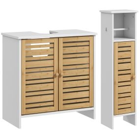Conjunto de baño con mueble bajo lavabo, columna estrecha, bambú, blanco y natural
