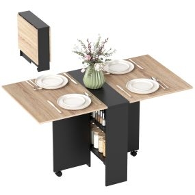 Mesa Plegable de Comedor Mesa de Cocina Plegable con Ruedas Alas Abatibles y Estantes para 4-6 Personas 75x140x74 cm Natural y Negro