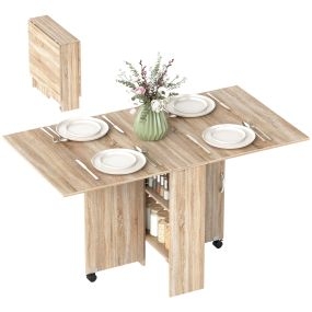 Mesa de comedor plegable de madera natural con ruedas, alas abatibles y estantes 75x140x74 cm