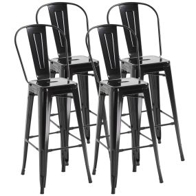 Juego de 4 taburetes de bar con respaldo alto de metal y reposapiés negro 44x46x116 cm