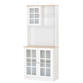Alacena de cocina blanca con 3 puertas de vidrio, encimera para microondas y estantes ajustables
