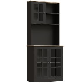 Alacena de Cocina, Mueble Auxiliar de Cocina, con 3 Puertas de Vidrio, Encimera Abierta para Microondas, Estantes Ajustables, Compartimentos Abiertos, 80x37x183 cm, Negro