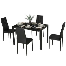 Conjunto de comedor 5 piezas con mesa rectangular de vidrio templado y 4 sillas tapizadas en PU negras con patas de metal negro