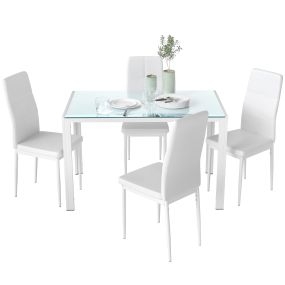 Conjunto de comedor 5 piezas con mesa rectangular de vidrio templado y 4 sillas tapizadas en PU blancas con patas de metal