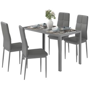 Conjunto de Comedor de Mesa y 4 Sillas 5 Piezas Juego de Muebles de Cocina Mesa Rectangular de Vidrio Templado y Sillas Tapizadas en PU con Patas de Acero Gris