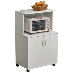 Aparador auxiliar para microondas con armario de 2 puertas, estante ajustable y ruedas, blanco