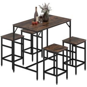 Juego de mesa y taburetes de bar industrial marrón rústico con reposapiés para espacios reducidos