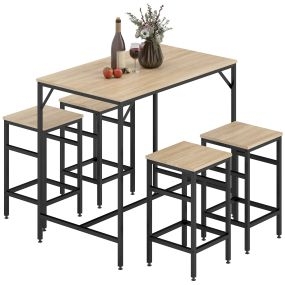 Juego de mesa y 4 taburetes de bar industrial roble con reposapiés para espacios reducidos