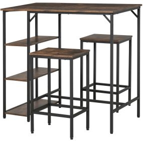 Set de mesa de bar y 2 taburetes con reposapiés y estantes 3 niveles 109x60x100 cm marrón rústico