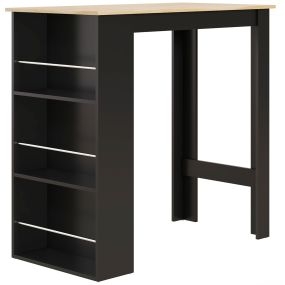 Mesa alta de bar con 3 estantes laterales, estilo moderno, 112x57x106 cm, negro y natural