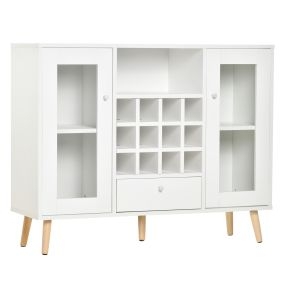 Aparador de cocina blanco 100x33x80 cm con botellero, cajón, estante y 2 armarios de cristal