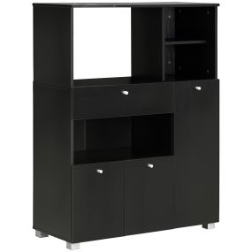 Mueble auxiliar de cocina para microondas con cajón, estantes, 3 puertas y diseño antivuelco negro 90x40x120 cm