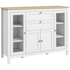 Aparador de cocina blanco con armario, 2 cajones, 2 puertas de vidrio y estantes ajustables 120x40x90 cm