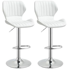 Juego de 2 Taburetes Altos de Cocina y Giratorio Taburetes Altos de Cuero Sintético con Respaldo y Estructura de Metal 47x51,5x92-114 cm Blanco