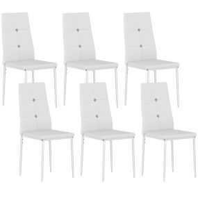 Juego de 6 sillas de comedor tapizadas en PU con respaldo alto, botones y patas de acero, blanco