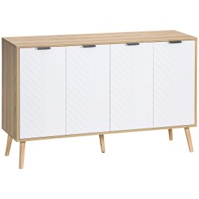 Aparador de 4 puertas con estantes ajustables, patas de madera, blanco y natural, 120x35x77,4 cm