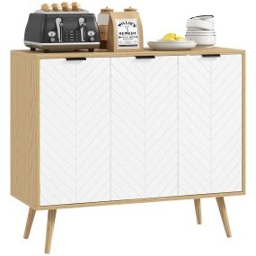 Aparador de 3 puertas con estantes ajustables, patas de madera, blanco y natural, 91,5x35x77,4 cm