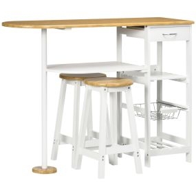 Set de mesa de bar con 1 cajón, 2 estantes, cesta extraíble y botellero, blanco