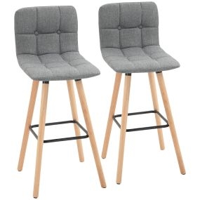 Juego de 2 taburetes altos de cocina con respaldo y reposapiés, patas de madera, gris