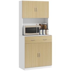 Alacena de cocina con puertas, cajón y estantes ajustables, antivuelco, 80x40x180 cm, natural y blanco