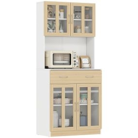 Alacena de cocina alta con 4 puertas de vidrio, encimera para microondas, cajón, 80x40x180 cm, blanco y natural