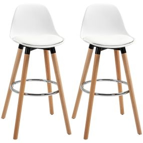 Juego de 2 taburetes altos de cocina 69 cm tapizados en PU con respaldo y patas de madera blanco
