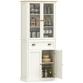 Alacena de cocina con 2 puertas de vidrio, 1 cajón y baldas ajustables 76x40x182,5 cm crema