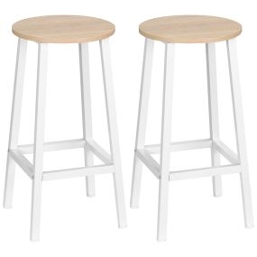 Juego de 2 taburetes altos de cocina 65 cm con patas de acero y reposapiés madera natural y blanco