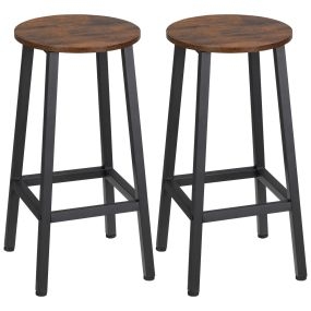 Juego de 2 taburetes altos de cocina 65 cm con patas de acero y reposapiés marrón rústico y negro