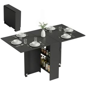 Mesa de comedor plegable con ruedas, alas abatibles y estantes, 75x140x74 cm, negro