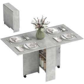 Mesa de comedor plegable con ruedas, alas abatibles y estantes, 75x140x74 cm, gris cemento