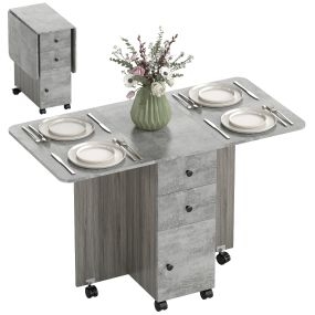Mesa Plegable de Comedor, Mesa de Cocina Plegable, con Ruedas, Alas Abatibles, 2 Cajones, Estante y Armario, Hasta 6 Personas, para Salón, Espacio Pequeño, 120x60x76,5 cm, Gris