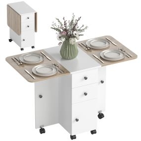 Mesa de comedor plegable con ruedas, alas abatibles, 2 cajones, estante y armario, 120x60x76,5 cm, blanco y natural