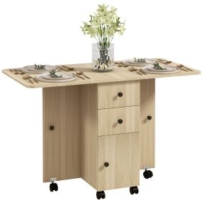 Mesa de comedor plegable con ruedas, alas abatibles, 2 cajones, estante y armario, 120x60x76,5 cm, natural