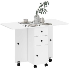 Mesa de comedor plegable con ruedas, alas abatibles, 2 cajones, estante y armario, 120x60x76,5 cm, blanco