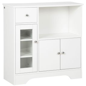Aparador de cocina moderno blanco con puerta de vidrio, cajón, estante abierto y baldas ajustables 80x30x82 cm