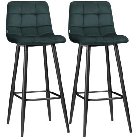 Juego de 2 taburetes altos de cocina tapizados en terciopelo verde con respaldo y reposapiés de acero