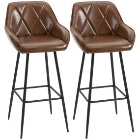 Juego de 2 Taburetes Altos de Cocina Taburetes de Bar Tapizado en PU con Respaldo Alto Patas de Acero y Reposapiés para Comedor Carga 120 kg 50x47,5x102,5 cm Marrón