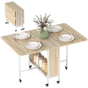 Mesa plegable de comedor con ruedas, alas abatibles y estante, madera natural 130x80x74 cm