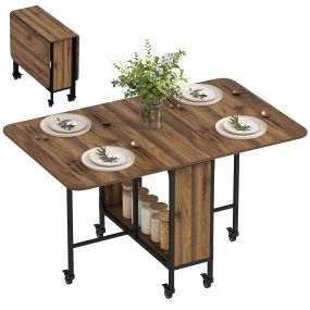 Mesa plegable de comedor con ruedas, alas abatibles y estante, madera marrón 130x80x74 cm