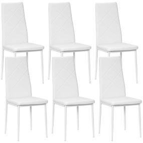 Pack de 6 sillas de comedor modernas tapizadas en cuero sintético, blancas, con respaldo alto y patas de acero