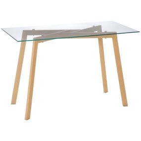 Mesa de comedor moderna para 4 personas con tablero de vidrio templado y patas de acero efecto madera 120x60x76 cm transparente