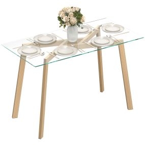 Mesa de comedor rectangular moderna para 6 personas con patas de acero y vidrio templado 150x75x76 cm transparente y madera natural